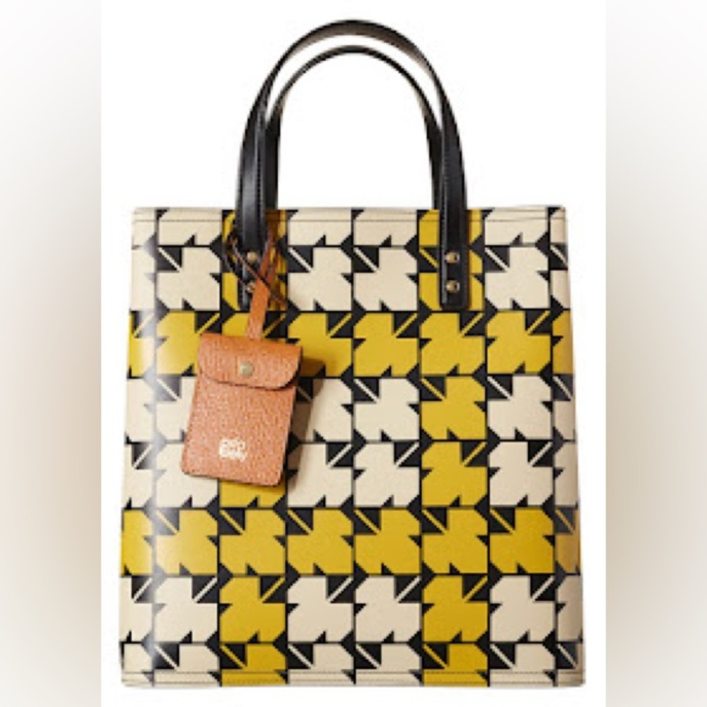 Orla Kiely Sycamore Leaf Printed Willow Tote Bag Leather Mustard Yellow - Picture 2 of 11